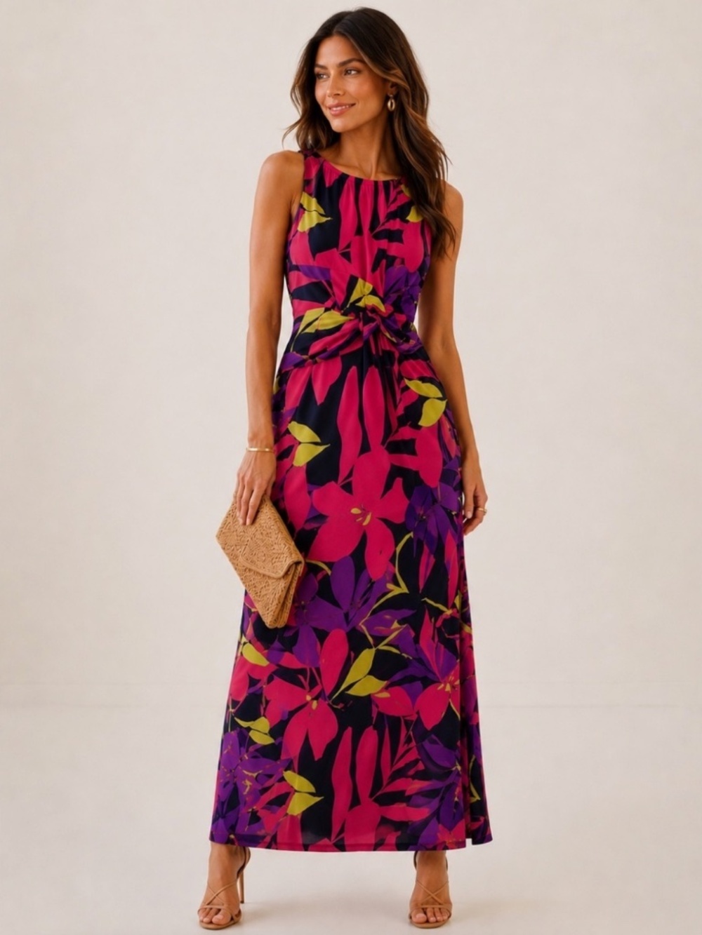 London Times Floral Jersey Tropical Maxi Dress Twist Waist Size 8